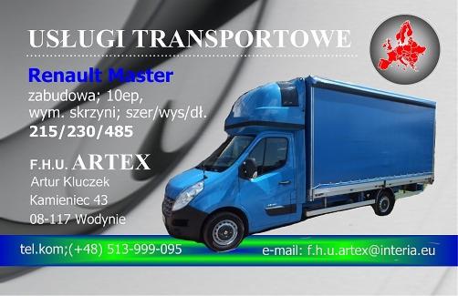 Wizytówka firmy transportowej z niebieskim Renault Master z zabudową 10ep i wymiarami skrzyni 215/230/485, obok mapa Europy.
