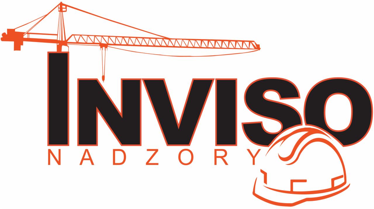 Logo firmy Inviso Nadzory z dźwigiem i kaskiem budowlanym w pomarańczowo-czarnej kolorystyce.