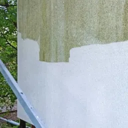 Fragment elewacji budynku z widocznym efektem czyszczenia: górna część ściany pokryta zielonym nalotem, dolna część czysta, jasna, z widoczną drabiną opartą o ścianę.