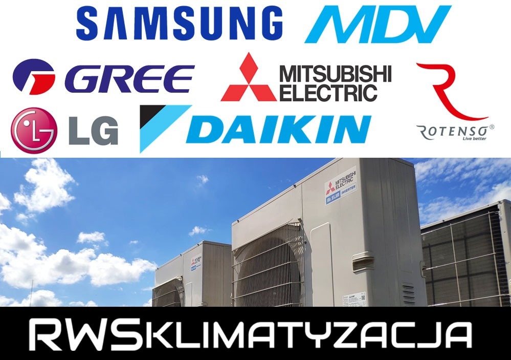 Zestawienie logotypów producentów systemów klimatyzacji (Samsung, MDV, Gree, Mitsubishi Electric, LG, Daikin, Rotenso) nad zdjęciem jednostek zewnętrznych klimatyzatorów na tle błękitnego nieba...