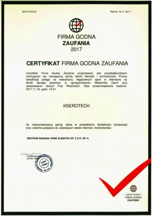 Certyfikat Firma Godna Zaufania 2017 dla firmy Kserotech, potwierdzający pozytywną opinię wśród klientów i kontrahentów, wydany przez Centrum Badania Opinii Klientów Sp. z o.o. Sp. k.