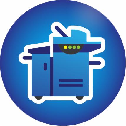 Ilustracja kserokopiarki A3 do A0 w kolorze niebieskim z białym obrysem na tle gradientowym niebieskim.