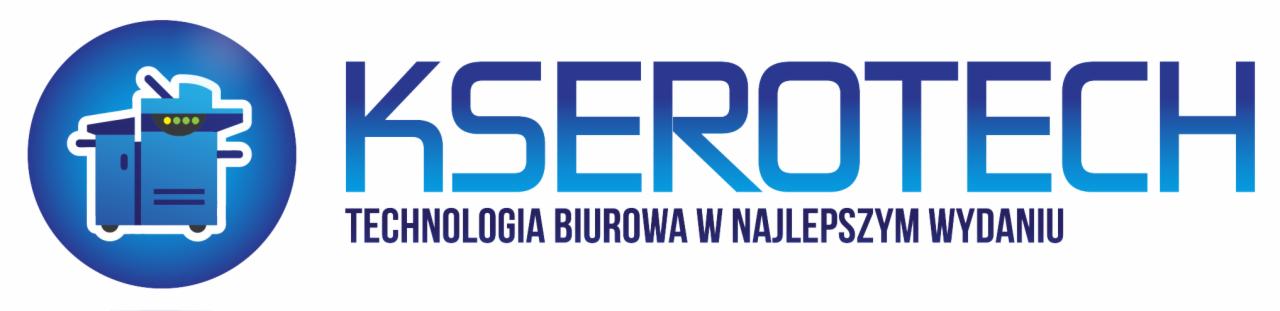 Niebieskie logo firmy KSEROTECH z ikoną kserokopiarki w kółku i hasłem 'TECHNOLOGIA BIUROWA W NAJLEPSZYM WYDANIU'.