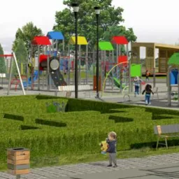 Wizualizacja projektu placu zabaw z kolorowymi elementami i labiryntem z niskich krzewów, dzieci bawiące się w tle.