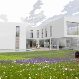 Koncepcyjny projekt domu U z białymi ścianami, dużymi oknami, basenem i ogrodem z kwitnącymi kwiatami, gdzie dziewczynka zbiera kwiaty, a kobieta relaksuje się na leżaku.