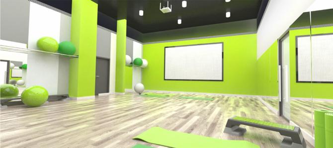 Wizualizacja wnętrza siłowni z zielonymi akcentami, drewnianą podłogą, piłkami gimnastycznymi na półce i matami do ćwiczeń na podłodze.