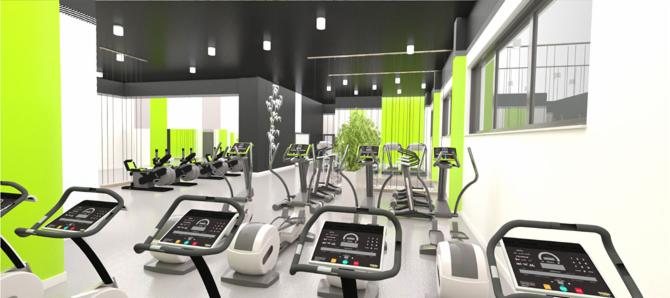 Wizualizacja wnętrza siłowni z nowoczesnym sprzętem fitness, jasnymi ścianami, dużymi oknami i akcentami w kolorze limonkowym.