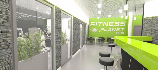 Wizualizacja wnętrza siłowni Fitness Planet Zabrze z zielonymi akcentami, barem i roślinami w donicach przy oknach.