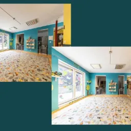 Wnętrze przestronnej sali zabaw dla dzieci z turkusowymi ścianami, jasnym dywanem w motywy zwierzęce, oknami ozdobionymi naklejkami i zabezpieczeniami przy wejściach.