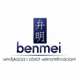 Logo firmy 'benmei' z chińskimi znakami w niebieskim kwadracie i napisem 'windykacja i obrót wierzytelnościami' pod spodem.