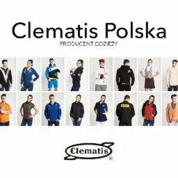 Kolaż prezentujący różnorodne modele odzieży roboczej i sportowej marki Clematis Polska na białym tle, z widocznym logo firmy i hasłem 'Producent Odzieży'.