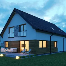 Wizualizacja domu jednorodzinnego z poddaszem użytkowym i tarasem, oświetlonymi kulistymi lampami ogrodowymi, z elewacją łączącą biały tynk, drewno i kamień dekoracyjny, widziana o zmierzchu.