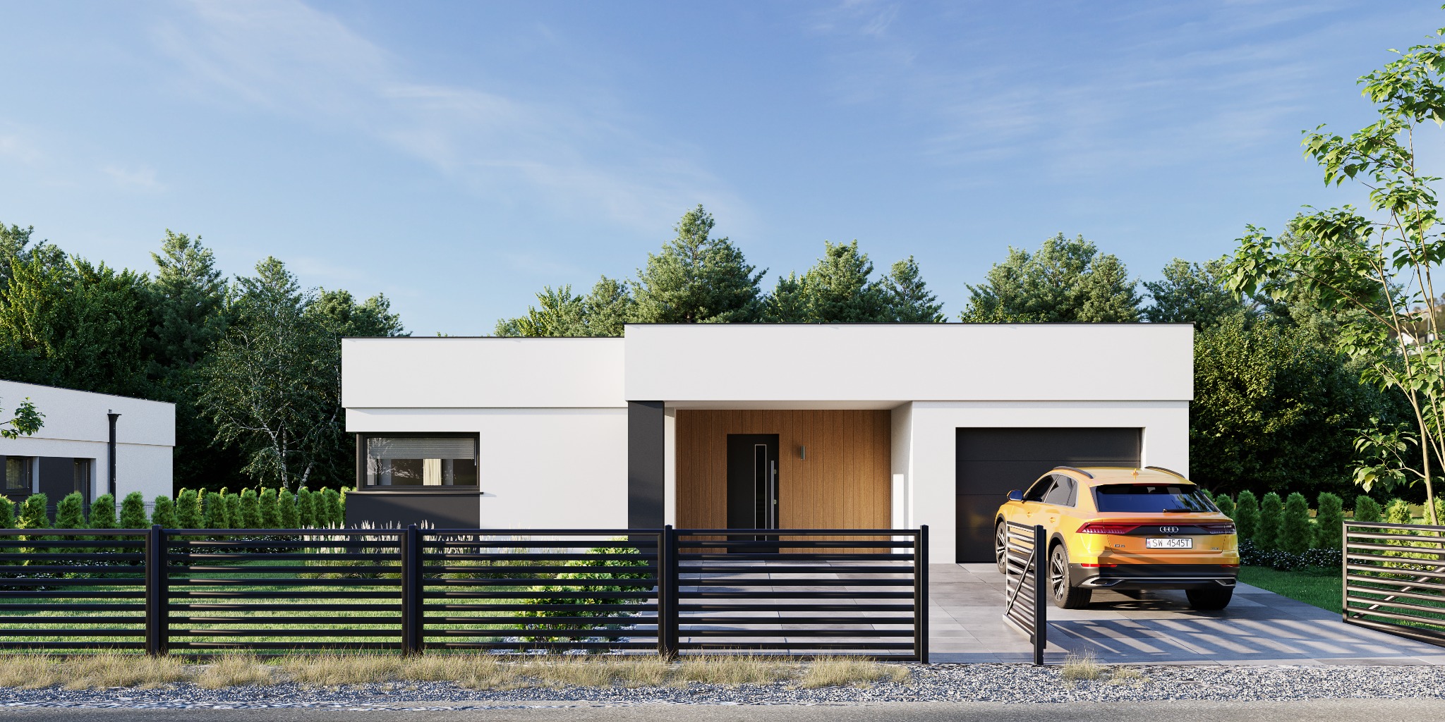 Nowoczesny dom jednorodzinny z płaskim dachem, drewnianą elewacją wejściową i czarną, poziomą bramą wjazdową, na podjeździe zaparkowany złoty SUV marki Audi.