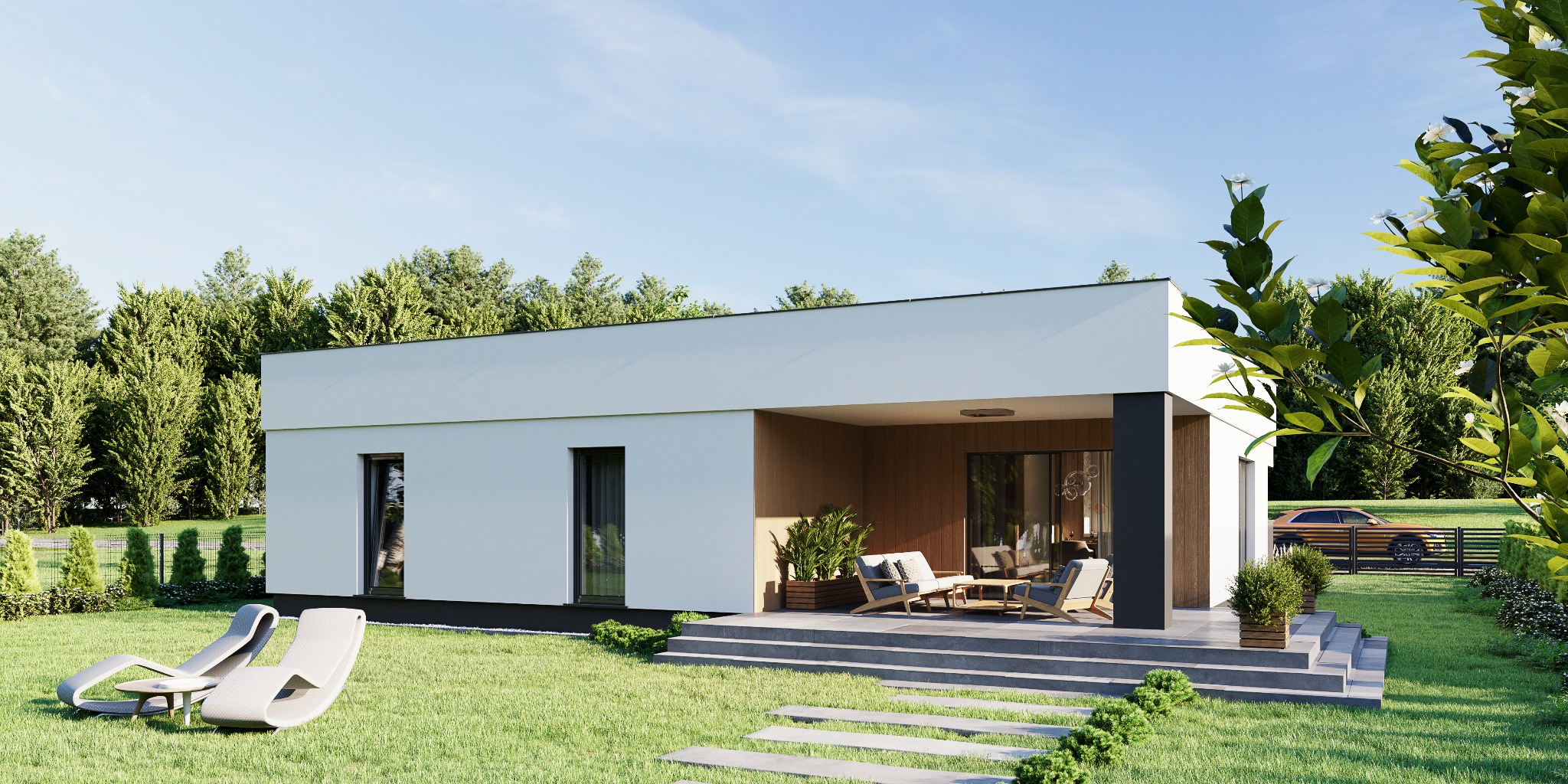 Wizualizacja nowoczesnego, parterowego domu z płaskim dachem, białymi ścianami i drewnianym wykończeniem pod zadaszonym tarasem, na którym znajdują się meble ogrodowe. Na pierwszym planie leżaki...