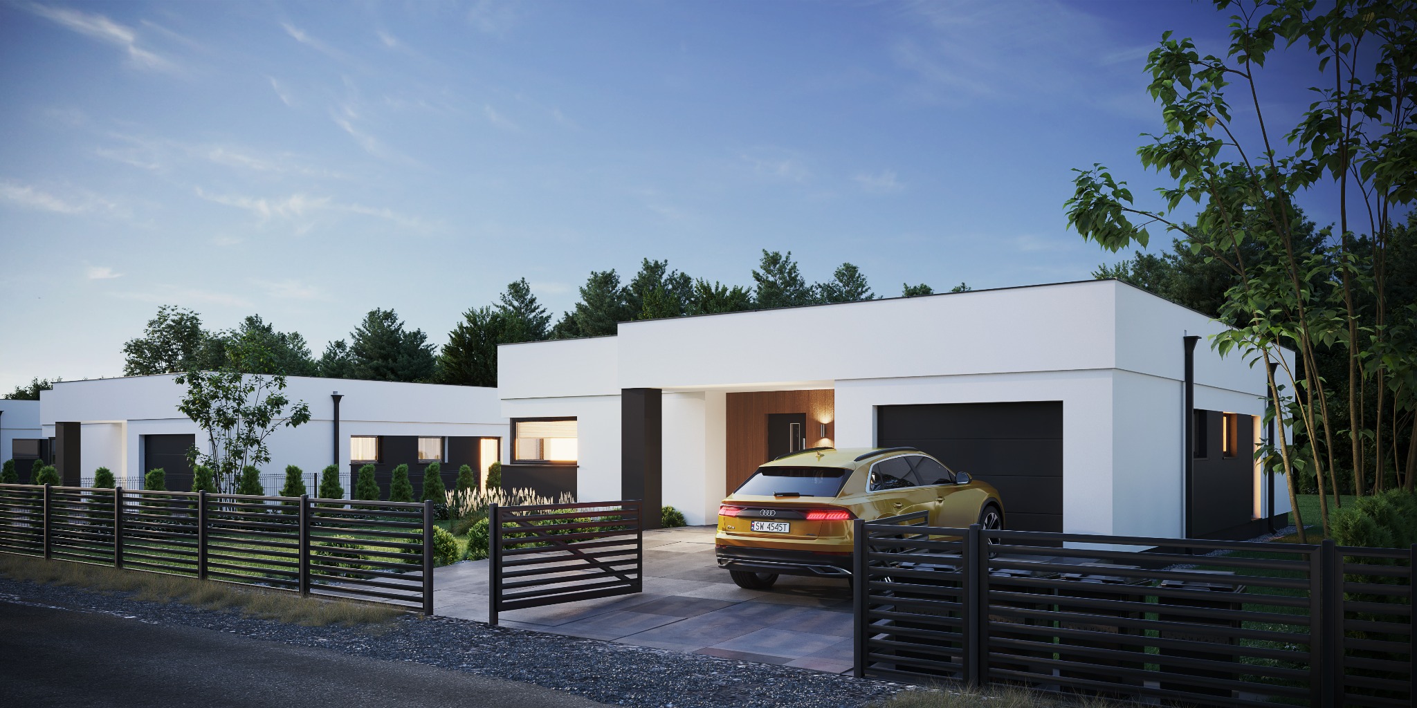Nowoczesny, parterowy dom jednorodzinny z płaskim dachem, czarnymi akcentami elewacji i garażem, z podjazdem i złotym SUV-em na posesji, widok zza metalowego ogrodzenia.