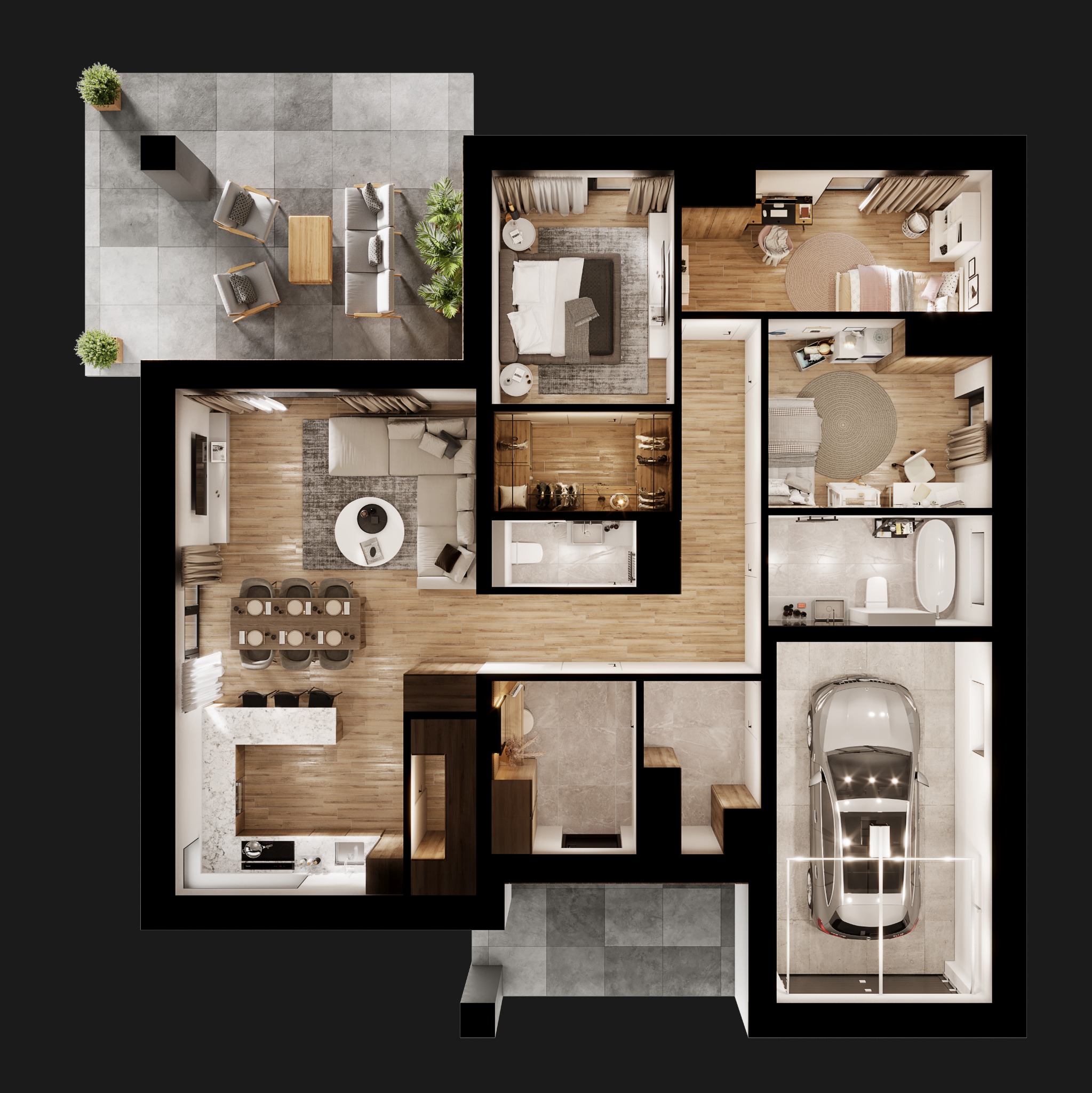 Widok z góry na szczegółowy plan domu z tarasem, salonem, kuchnią, sypialniami, łazienkami i garażem z samochodem.