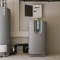 Dwie szare pompy ciepła obok ściany z otwartą skrzynką elektryczną. Widoczne rury i elementy instalacji. Minimalistyczny design urządzeń grzewczych.