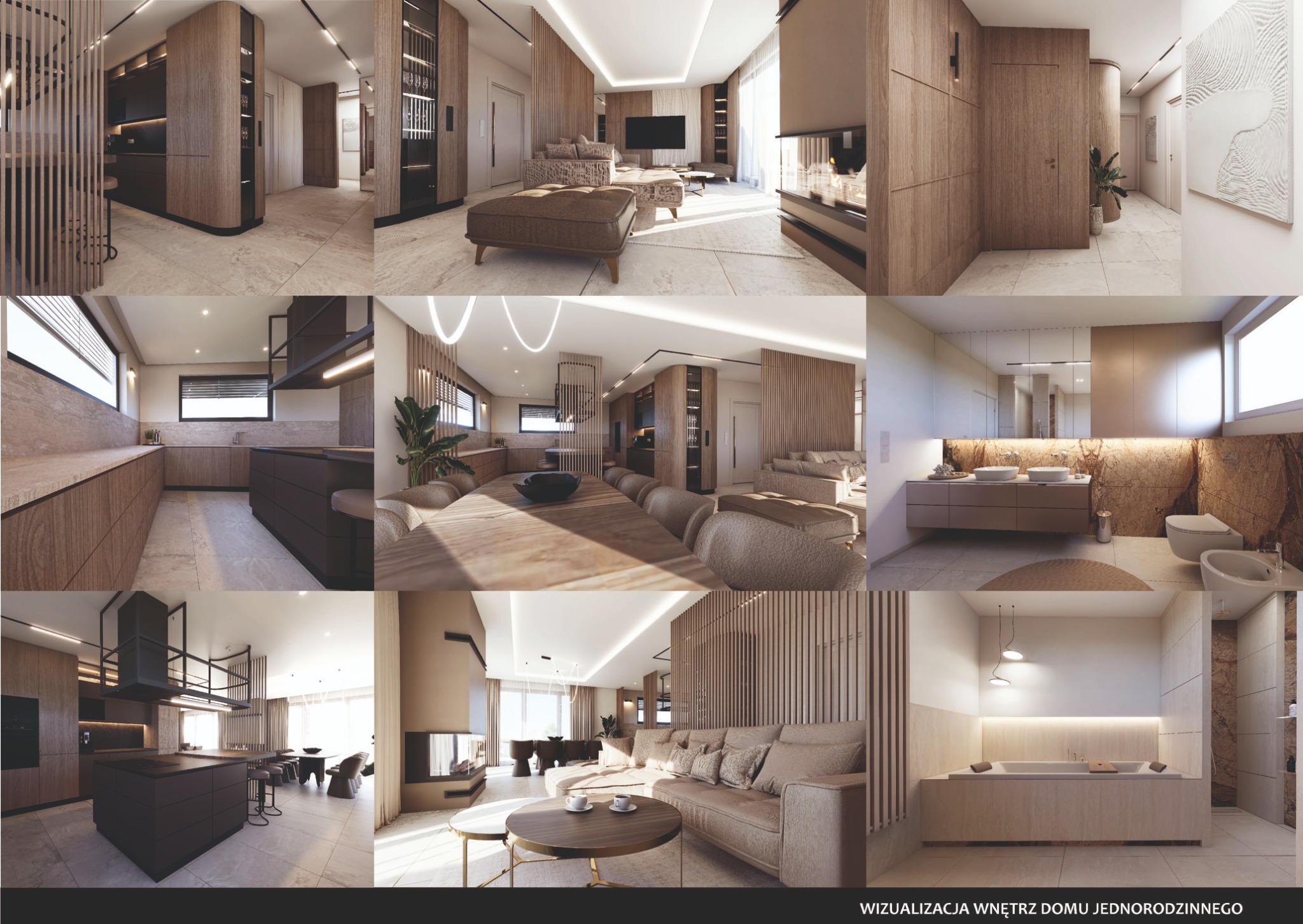 Wizualizacja wnętrza domu jednorodzinnego w odcieniach brązu. Strefa dzienna z kuchnią, jadalnią i łazienką. Nowoczesny design, ciepłe oświetlenie, drewniane elementy.