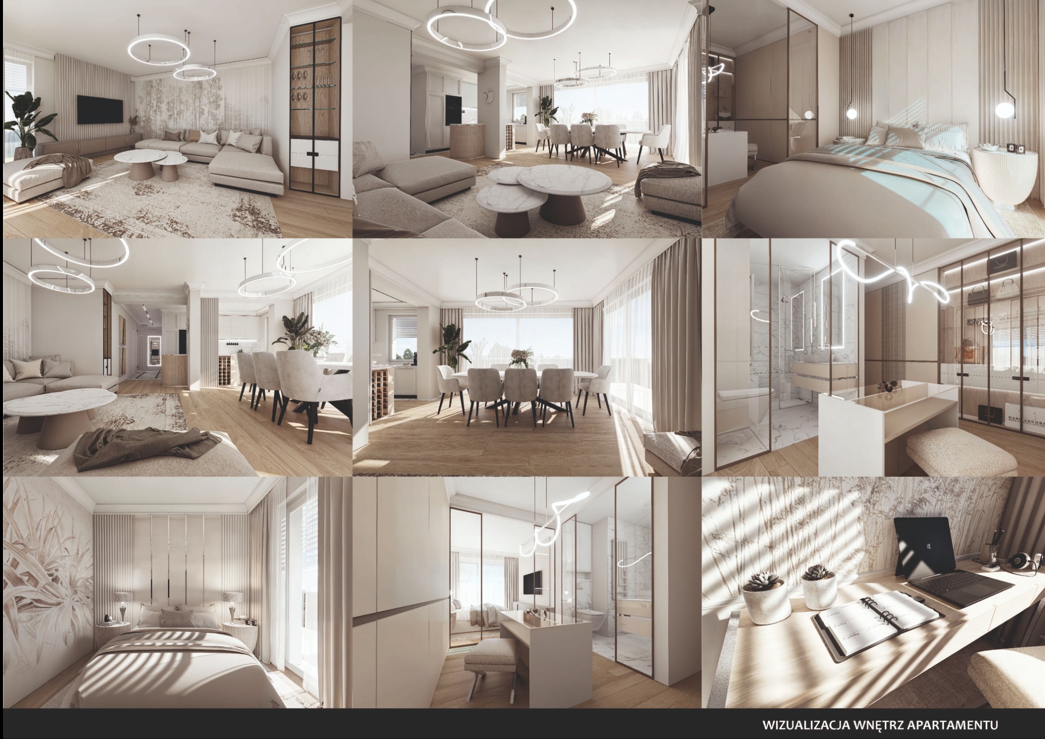 Wizualizacja wnętrza apartamentu w jasnych, neutralnych barwach. Widoczne strefy: dzienna z kuchnią, jadalnia, sypialnia z łazienką i biurko. Nowoczesny design.