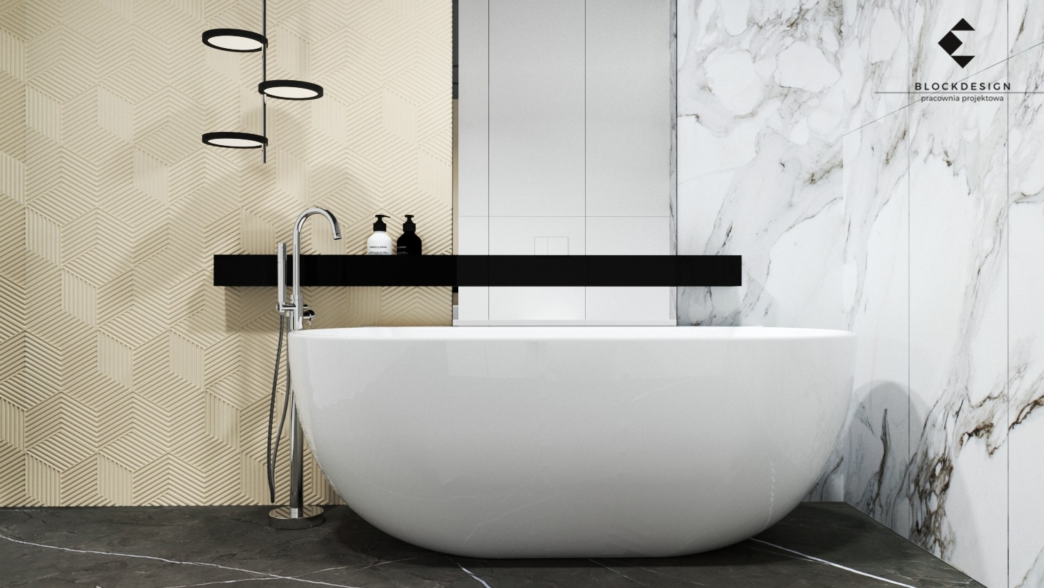 Nowoczesna łazienka z wolnostojącą wanną na tle marmurowej ściany i geometrycznej faktury. Minimalistyczne oświetlenie i czarne akcenty dodają elegancji.