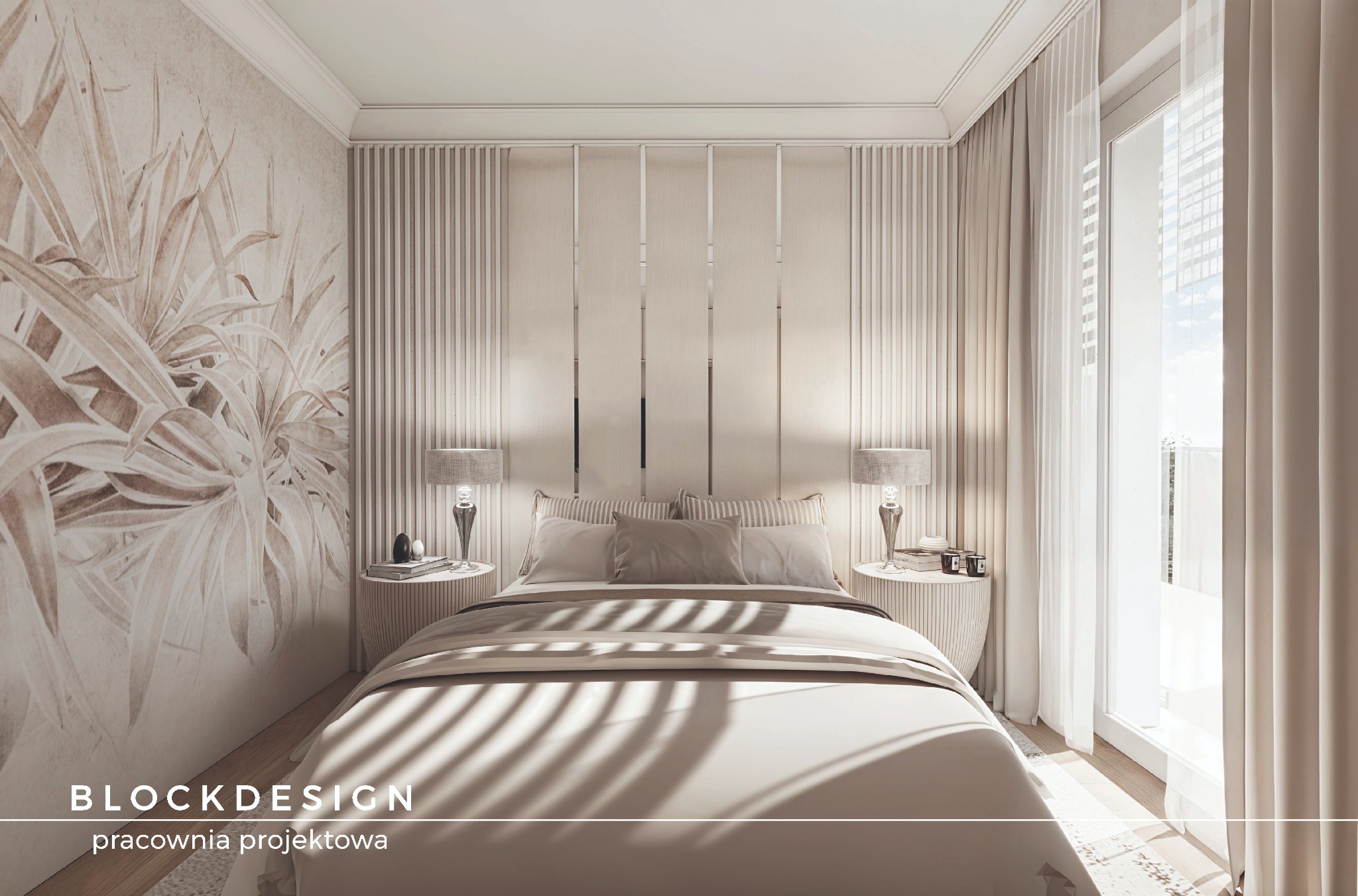 Beżowa sypialnia w Tarnobrzegu z łóżkiem, lampkami nocnymi i tapetą w roślinny wzór. Nowoczesny design z elementami dekoracyjnymi i subtelnym oświetleniem.
