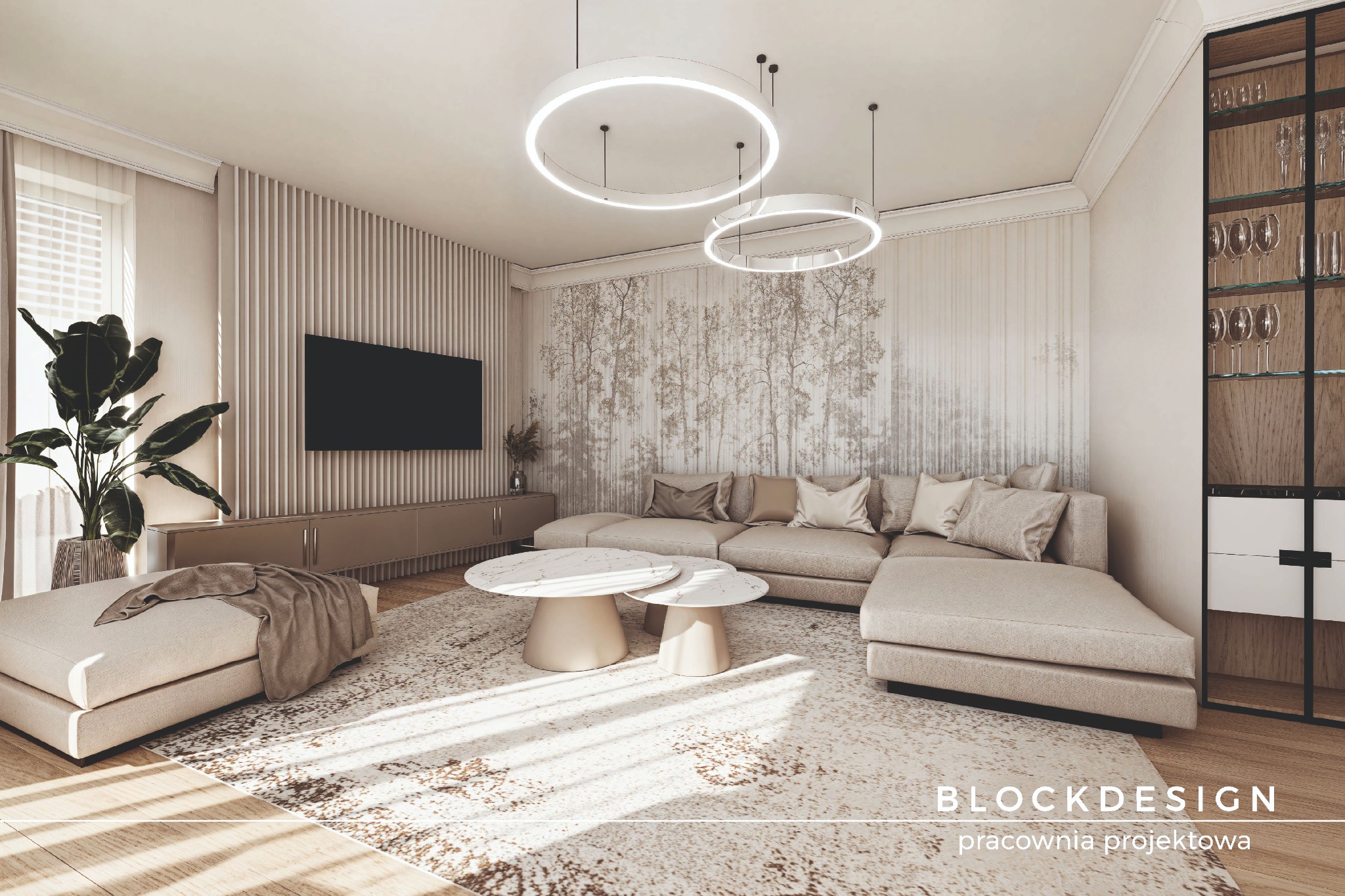 Jasny salon z sofą narożną, okrągłymi lampami i wzorzystą tapetą. Minimalistyczny design z drewnianymi akcentami i rośliną doniczkową. Projekt BLOCKDESIGN.