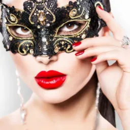 Portret kobiety w czarnej koronkowej masce z elementami złota i kryształkami, czerwone usta, czerwone paznokcie, duży pierścionek z brylantem, długie kolczyki.