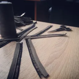 Przygotowane zamki błyskawiczne w odcieniach szarości, szpula nici i nożyczki na drewnianym stole, gotowe do wszycia.