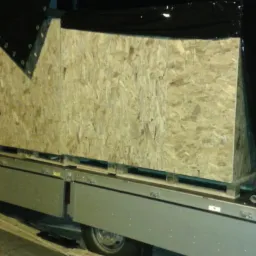 Duża, drewniana skrzynia z płyty OSB zabezpieczona czarną plandeką, umieszczona na palecie w przestrzeni ładunkowej czerwonego samochodu dostawczego.