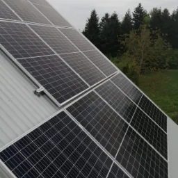 Panel słoneczny na metalowym dachu z widokiem na las iglasty w pochmurny dzień.