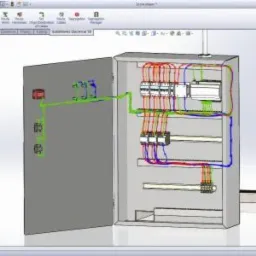 Schemat 3D rozdzielnicy elektrycznej w programie Solidworks Electrical, widok otwartej szafy z okablowaniem i elementami sterującymi, z interfejsem programu widocznym w tle.
