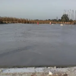 Świeżo wylana, gładka betonowa płyta fundamentowa z widocznymi elementami szalunku i wystającymi prętami zbrojeniowymi w tle, otoczona polami kukurydzy.