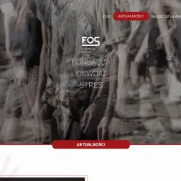 Strona internetowa Fundacji Oswoić Stres z rozmytym tłem przedstawiającym ludzi, logo fundacji w lewym górnym rogu i w centrum strony, menu nawigacyjne w górnej części.