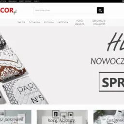 Ekran strony internetowej sklepu z dekoracjami wnętrz Lukidecor.pl, prezentujący ofertę nowoczesnych narzut, z widocznymi miniaturkami produktów i menu nawigacyjnym.