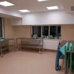 Wykończone wnętrze pomieszczenia z wylewką żywiczną na podłodze, widoczne metalowe stoliki na k&oacute;łkach, okno z grzejnikiem i białe ściany z r&oacute;wnomiernie rozmieszczonymi lampami sufitowymi.