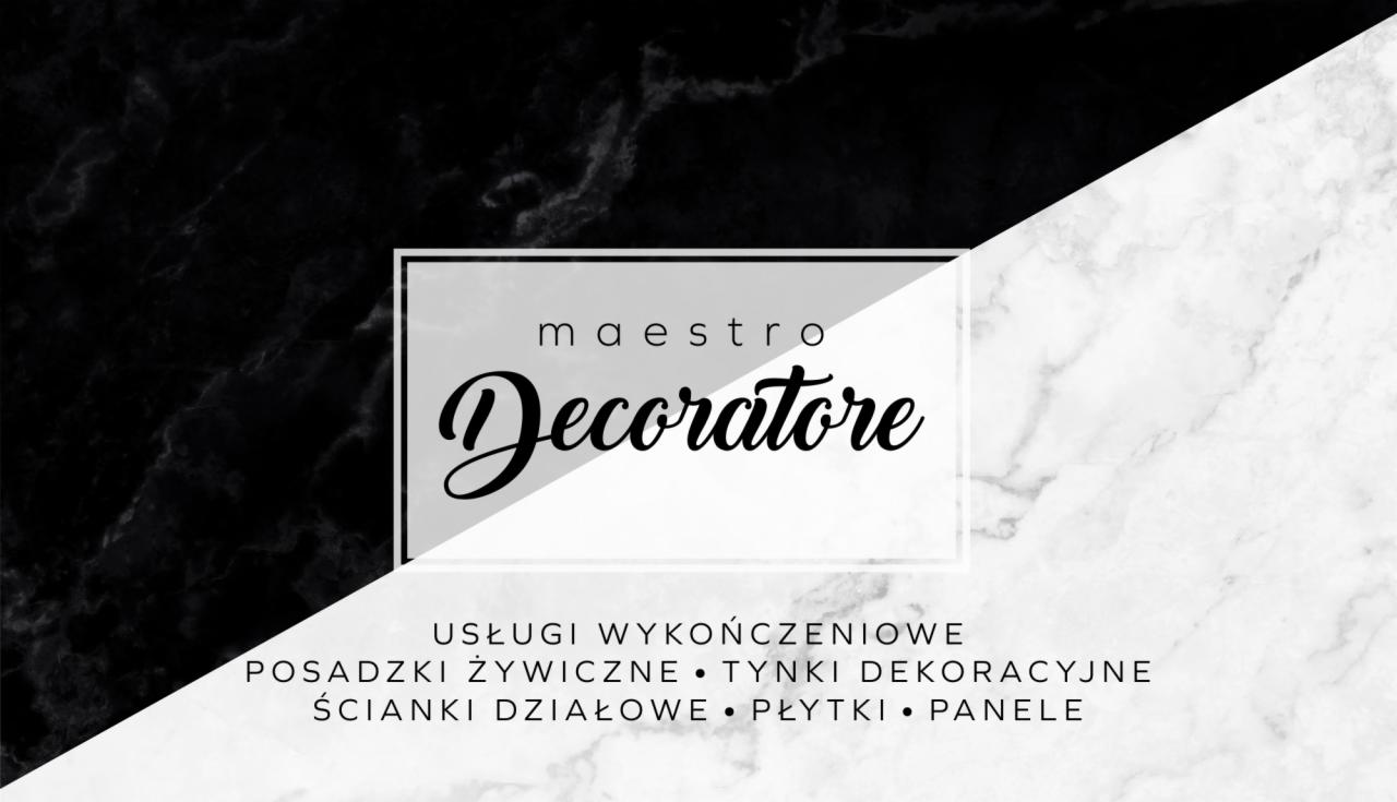 Logo 'maestro Decoratore' na tle z czarno-białego marmuru, oferujące usługi wykończeniowe, posadzki żywiczne, tynki dekoracyjne, ścianki działowe, płytki i panele.