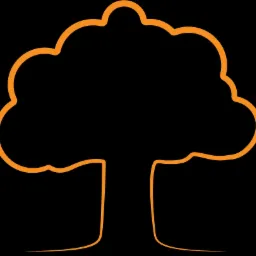 Prosty, pomarańczowy kontur drzewa na czarnym tle, przypominający logo firmy z branży biopaliw.