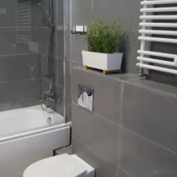 Szara łazienka z wanną, toaletą, bidetem, grzejnikiem drabinkowym i rośliną w białej doniczce na p&oacute;łce.