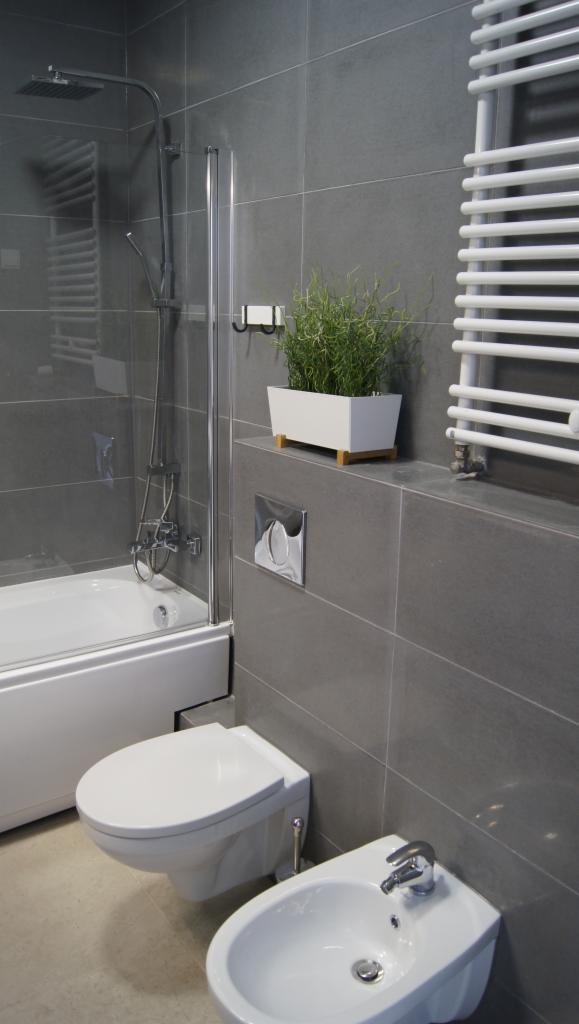 Szara łazienka z wanną, toaletą, bidetem, grzejnikiem drabinkowym i rośliną w białej doniczce na półce.