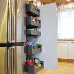 Wysuwana, pionowa szafka cargo w kolorze szarym, zamontowana obok lodówki w nowoczesnej kuchni, wypełniona produktami spożywczymi, widoczna na tle białych szafek i beżowej podłogi.