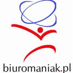 Logo firmy Biuromaniak.pl: stylizowana postać z rozłożonymi ramionami w kolorze czerwonym, nad nią niebieskie okręgi, poniżej nazwa firmy.
