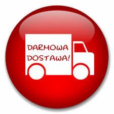 Czerwona, błyszcząca ikona z białym symbolem ciężarówki i napisem 'DARMOWA DOSTAWA!'
