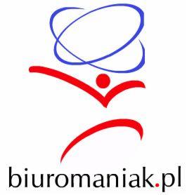 Logo firmy Biuromaniak.pl: stylizowana postać z rozłożonymi ramionami w kolorze czerwonym, nad nią niebieskie okręgi, poniżej nazwa firmy.