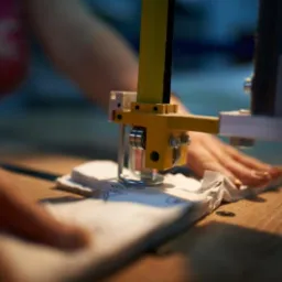 Osoba używa maszyny do cięcia materiału z naniesionym wzorem na drewnianym blacie.