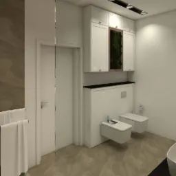 Nowoczesna łazienka z białymi szafkami, toaletą i bidetem podwieszonymi, pionowym ogrodem w szafce, marmurową ścianą i podłogą oraz chromowanym grzejnikiem drabinkowym na ręczniki.