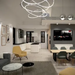 Wizualizacja przestronnego salonu z otwartą kuchnią, szary narożnik z ż&oacute;łtą poduszką, ż&oacute;łty fotel, marmurowe stoliki kawowe, st&oacute;ł jadalny z szarymi krzesłami, telewizor na szarej ścianie...