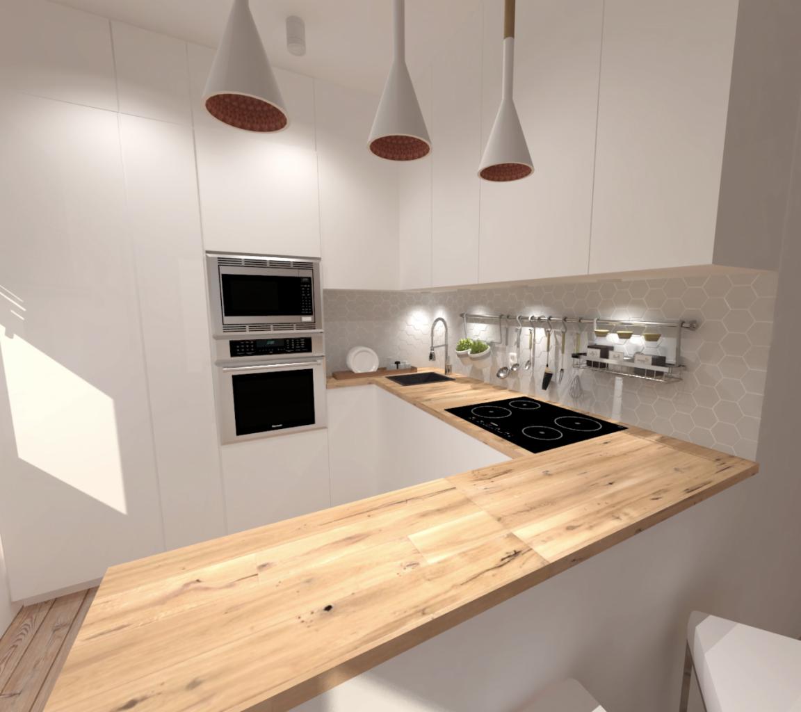 Wizualizacja nowoczesnej kuchni z białymi szafkami, drewnianym blatem, płytą indukcyjną, piekarnikiem i mikrofalówką w zabudowie, oraz trzema wiszącymi lampami z dekoracyjnym wnętrzem kloszy.
