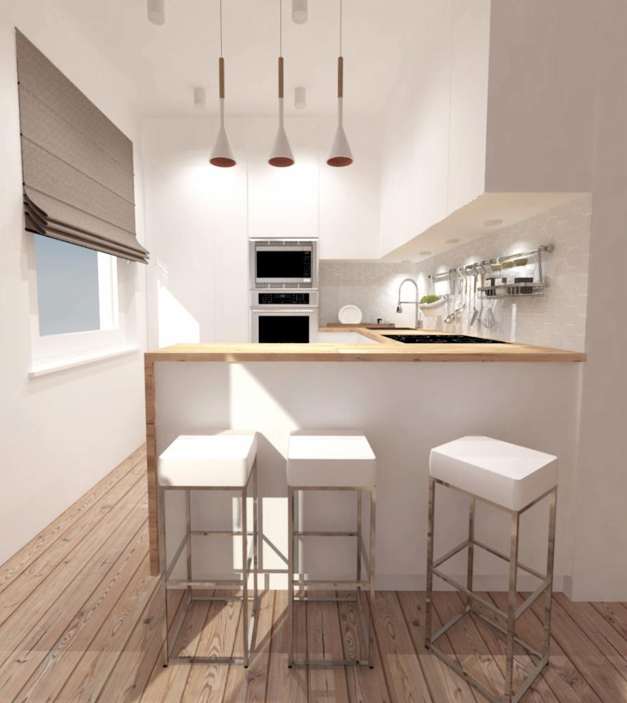 Wizualizacja minimalistycznej kuchni z białymi szafkami, drewnianym blatem, trzema białymi hokerami na metalowych nogach, drewnianą podłogą i szarą roletą rzymską w oknie.