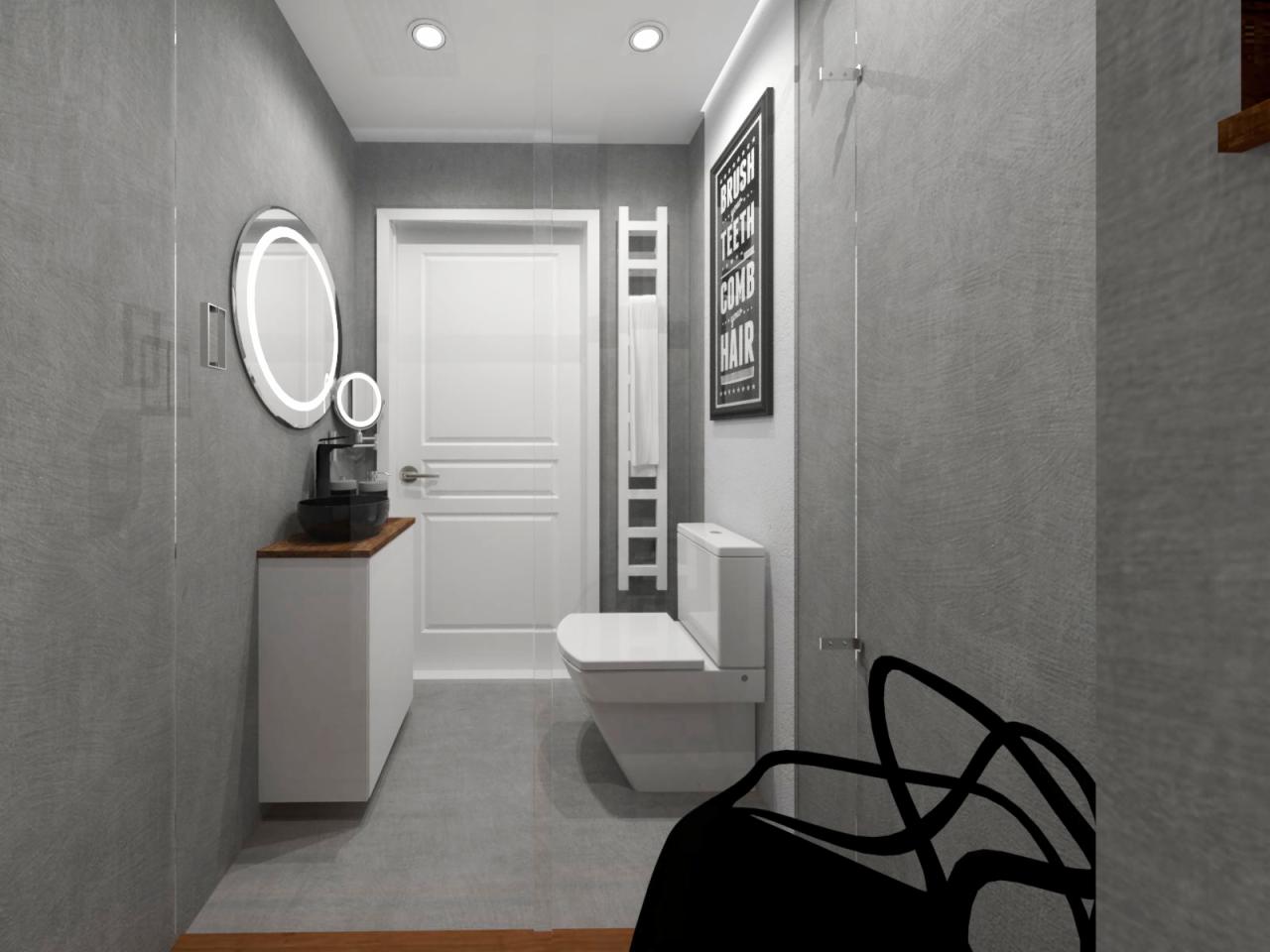 Wizualizacja nowoczesnej łazienki z szarymi ścianami, okrągłym lustrem z podświetleniem LED, czarną umywalką nablatową na białej szafce z drewnianym blatem, białym WC i grzejnikiem drabinkowym.