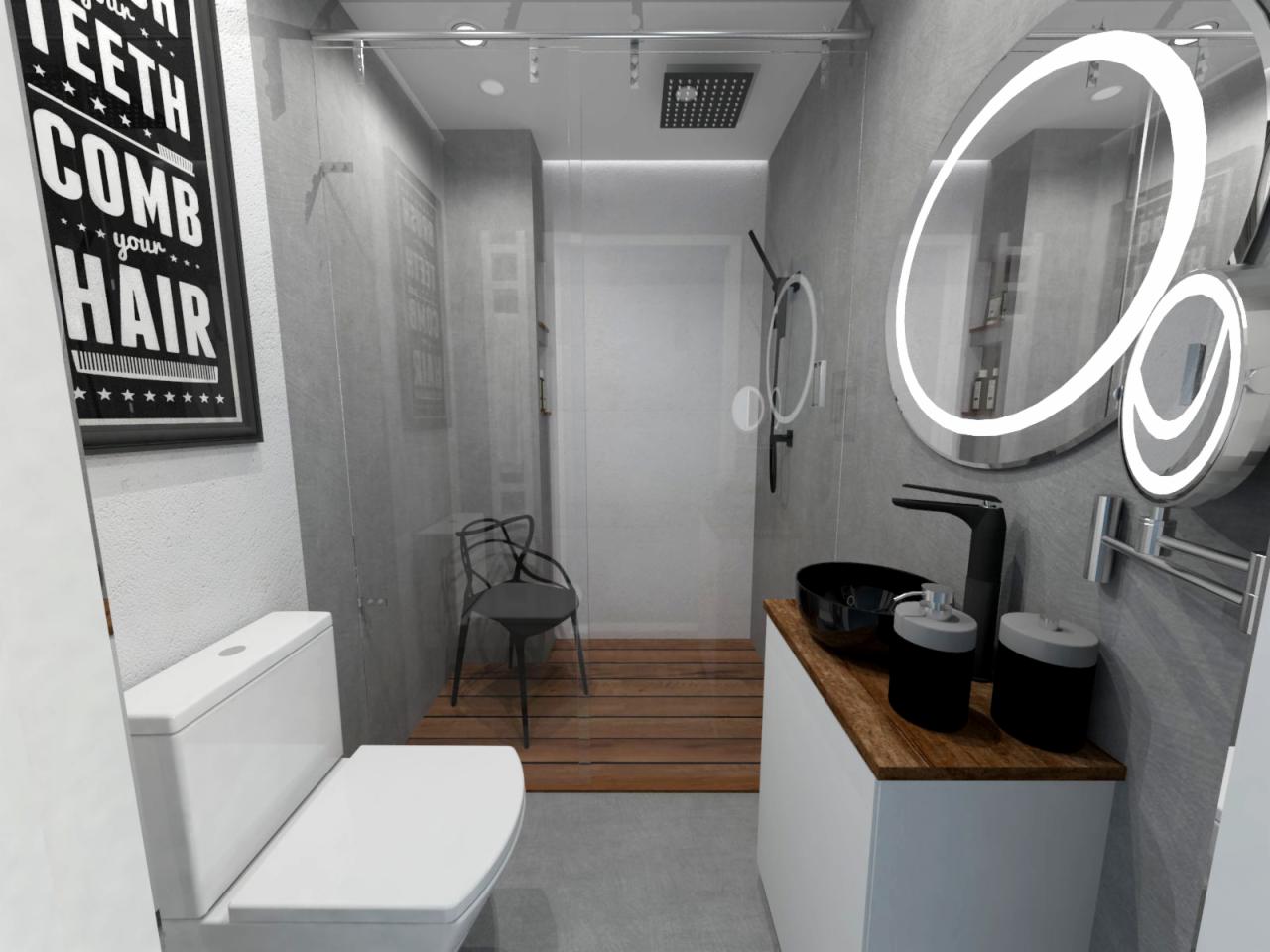 Wizualizacja nowoczesnej łazienki w Toruniu z kabiną prysznicową typu walk-in, umywalką na blacie z drewnianym wykończeniem, toaletą oraz okrągłym lustrem z podświetleniem LED i plakatem na ścianie.